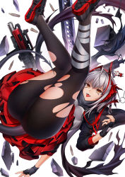 Rule 34 | 1girl, absurdres, antenna hair, arknights, ass, bandaged leg, bandages, black footwear, black gloves, black jacket, black pantyhose, breasts, cropped jacket, fangs, fingerless gloves, gloves, grenade launcher, grey shirt, gun, highres, honeycomb (pattern), jacket, legs up, long sleeves, medium breasts, miniskirt, open clothes, open jacket, open mouth, pantyhose, scarf, shell casing, shirt, shoes, short hair, silver hair, skirt, smile, solo, tongue, tongue out, torn clothes, torn pantyhose, w (arknights), weapon, white background, xo (xo17800108)