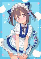 1girl absurdres animal_ear_fluff animal_ears apron bare_arms black_choker blue_background blue_border blue_hair blunt_bangs blush border brown_eyes brown_hair cat_day cat_ears cat_tail center_frills choker commentary cowboy_shot dot_nose double-parted_bangs embarrassed frills highres hozuki_momiji looking_at_viewer maid maid_headdress melciort multicolored_hair official_alternate_costume onii-chan_wa_oshimai! outside_border paw_print paw_print_background short_hair short_sleeves simple_background solo striped_tail tail two-tone_hair two_side_up waist_apron wavy_mouth wrist_cuffs