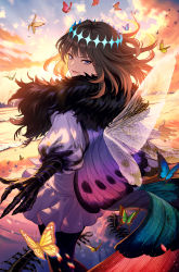 Rule 34 | 1boy, :d, alternate hair color, arthropod boy, back, beach, black hair, black legwear, black pants, blouse, blue butterfly, blue eyes, bug, butterfly, butterfly wings, cape, cloud, collared shirt, commentary, crown, diamond hairband, fate/grand order, fate (series), feet out of frame, frilled skirt, frills, fur collar, fur trim, gradient sky, green butterfly, highres, insect, insect wings, long sleeves, looking at viewer, looking back, lower teeth only, male focus, medium hair, michi (iawei), oberon (third ascension) (fate), official alternate costume, open mouth, orange sky, outdoors, pants, puffy sleeves, red butterfly, shirt, shore, skirt, sky, smile, solo, spoilers, sunlight, sunset, teeth, twilight, v-shaped eyebrows, water, white shirt, wings, yellow butterfly