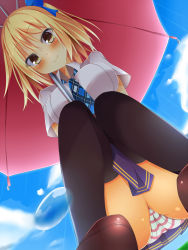 Rule 34 | 1girl, bad id, bad nicoseiga id, black thighhighs, blonde hair, blush, bow, breasts, cloud, day, dutch angle, from below, hair bow, large breasts, looking at viewer, original, panties, pantyshot, school uniform, short hair, side ponytail, skirt, sky, smile, solo, squatting, striped clothes, striped panties, thighhighs, umbrella, underwear, upskirt, yahiro (anhnw), yellow eyes