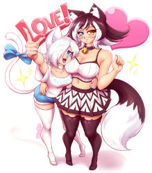 Rule 34 | 2girls, :3, :d, animal ear legwear, animal ears, arm up, artist name, bare shoulders, bell, black legwear, blue eyes, blue lips, blue nails, breasts, brown hair, cat ear legwear, cat ears, cat tail, choker, collar, collarbone, eyes visible through hair, full body, hand on another&#039;s waist, heart, heterochromia, highres, index finger raised, jingle bell, kat (mazume), kit (mazume), large breasts, lipstick, looking at viewer, makeup, mazume, medium breasts, midriff, multicolored hair, multiple girls, nail polish, navel, neck bell, no shoes, open mouth, orange eyes, original, short shorts, shorts, signature, simple background, skirt, smile, sparkle, standing, symbol-only commentary, tail, thighhighs, two-tone hair, white background, white choker, white hair, white legwear