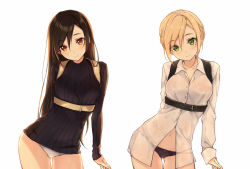 Rule 34 | 2girls, arm at side, arm behind back, belt, black hair, black panties, black sweater, blush, braid, breasts, brown eyes, buttons, closed mouth, collarbone, collared shirt, commentary request, contrapposto, cowboy shot, dress shirt, eyelashes, green eyes, hair between eyes, head tilt, highres, kamon (shinshin), long hair, long sleeves, looking at viewer, medium breasts, multi-strapped panties, multiple girls, navel, no pants, original, panties, partially unbuttoned, ribbed sweater, see-through, shirt, simple background, sketch, smile, standing, stomach, sura (mana0703), sweater, thigh gap, underwear, white background, white panties, white shirt