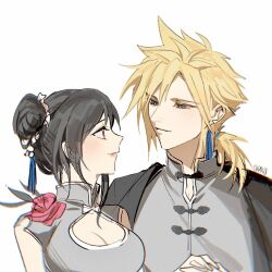 Rule 34 | 1boy, 1girl, alternate costume, alternate hairstyle, bare shoulders, black hair, black jacket, blonde hair, blue eyes, breasts, china dress, chinese clothes, cleavage, cleavage cutout, closed mouth, clothing cutout, cloud strife, commentary, couple, double bun, dress, duoj ji, final fantasy, final fantasy vii, final fantasy vii remake, flower, grey dress, hair bun, hair ornament, height difference, high collar, holding hands, jacket, jacket on shoulders, large breasts, light blush, long hair, looking at another, low ponytail, matching outfits, multicolored hair, official alternate costume, official alternate hairstyle, profile, red eyes, red flower, single sidelock, sketch, smile, spiked hair, tifa lockhart, tifa lockhart (sporty dress), two-tone hair, upper body, white background
