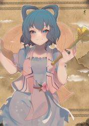 Rule 34 | 1girl, blue dress, blue eyes, blue hair, blush, breasts, brown background, closed mouth, cowboy shot, dress, eyebrows hidden by hair, flower, flower request, hagoromo, hair between eyes, hair ornament, hair rings, hair stick, hands up, highres, holding, holding stick, kaku seiga, looking at viewer, majime joe, medium breasts, pink flower, puffy short sleeves, puffy sleeves, shawl, short hair, short sleeves, simple background, smile, solo, stick, touhou, vest, white vest