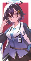 Rule 34 | asymmetrical bangs, blouse, blue archive, chihiro (blue archive), collared shirt, glasses, hair between eyes, hair ornament, highres, izuoku, rabbit hair ornament, red background, shirt, solo, tagme, white shirt