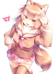 Rule 34 | 10s, 1girl, :d, absurdres, animal ears, brown thighhighs, commentary request, fang, fur collar, hand on own hip, highres, japanese wolf (kemono friends), japari symbol, kanzakietc, kemono friends, light brown hair, light brown legwear, long hair, looking at viewer, open mouth, orange eyes, plaid, plaid skirt, pleated skirt, salute, simple background, skirt, smile, solo, tail, thighhighs, white background, wolf ears, wolf tail