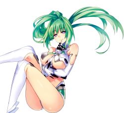 Rule 34 | 10s, 1girl, arm between breasts, bare shoulders, between breasts, bodysuit, boots, breasts, closed mouth, crossed legs, elbow gloves, eyebrows, finger to mouth, gloves, green hair, green heart (neptunia), hair intakes, head tilt, highres, knee boots, large breasts, long hair, neptune (series), ponytail, power symbol, power symbol-shaped pupils, purple eyes, simple background, smile, solo, symbol-shaped pupils, thighhighs, tsunako, vert (neptunia), very long hair, white background, white footwear