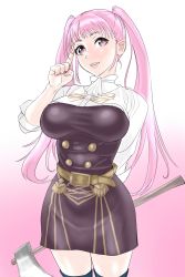 Rule 34 | 1girl, absurdres, arm behind back, axe, belt, blush, breasts, female focus, fire emblem, fire emblem: three houses, garreg mach monastery uniform, highres, hilda valentine goneril, hottiku, large breasts, long hair, matching hair/eyes, nintendo, open mouth, pink background, pink eyes, pink hair, simple background, smile, solo, thighhighs, thighs, twintails, uniform, weapon