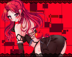 Rule 34 | 1girl, apple, ass, bare shoulders, bent over, black dress, black gloves, black skirt, blush, breasts, dress, elbow gloves, finger to face, flower, food, fruit, gloves, hair intakes, hand up, highres, long hair, mabinogi, medium breasts, open mouth, pelvic curtain, pink eyes, pink lips, red background, red flower, red hair, red rose, rose, rua, side slit, skirt, smile, solo, suittsu, uneven eyes