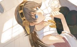 Rule 34 | 1girl, blue eyes, boots, brown hair, commentary request, cosmic (crownclowncosmic), detached sleeves, dutch angle, flipped hair, glass, hairband, headgear, hiei (kancolle), holding, holding spoon, kantai collection, looking at viewer, nontraditional miko, ribbon-trimmed sleeves, ribbon trim, short hair, skirt, solo, spoon, thigh boots, thighhighs, utensil in mouth