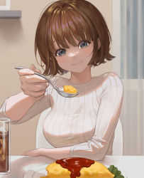 Rule 34 | 1girl, blue eyes, brown hair, cup, drinking glass, food, holding, holding spoon, ice, ice cube, indoors, ketchup, omelet, omurice, original, oto1 030, plate, rice, short hair, sitting, solo, spoon, sweater, table, upper body