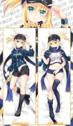 Rule 34 | 1girl, ahoge, artoria pendragon (fate), bad id, bad pixiv id, bed sheet, billie (meng gong fang), black footwear, black hat, black shorts, blonde hair, blue buruma, blue eyes, blue scarf, blue sweater, blue thighhighs, boots, buruma, character name, dakimakura (medium), excalibur (fate/stay night), fate/grand order, fate (series), from above, full body, gluteal fold, gym uniform, hair between eyes, hat, highres, holding, holding sword, holding weapon, knee boots, long hair, looking at viewer, lying, midriff, multiple views, mysterious heroine x (fate), navel, no shoes, on back, open clothes, open shorts, parted lips, ponytail, scarf, shiny skin, shirt, short shorts, shorts, stomach, sweater, sword, thighhighs, visor cap, weapon, white shirt, wrist cuffs