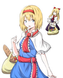 Rule 34 | 1girl, alice margatroid, apron, arm up, bad id, bad pixiv id, bag, baguette, blonde hair, blue eyes, bow, bread, capelet, clenched hand, dress, female focus, flying, food, grocery bag, hair bow, headband, looking at viewer, onakasuitao!, open mouth, ribbon, sash, shanghai doll, shopping bag, short hair, solo, touhou, waist apron
