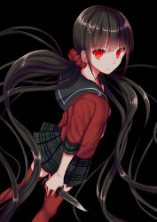 Rule 34 | 1girl, absurdres, akausagi, black background, black hair, black skirt, blunt bangs, closed mouth, dagger, danganronpa (series), danganronpa v3: killing harmony, from above, from side, hair ornament, hair scrunchie, hairpin, harukawa maki, highres, holding, holding weapon, knife, long hair, looking at viewer, looking to the side, looking up, low twintails, mole, mole under eye, neckerchief, plaid, plaid skirt, pleated skirt, red eyes, red shirt, red thighhighs, school uniform, scrunchie, serafuku, serious, shirt, simple background, skirt, sleeves past elbows, solo, spoilers, standing, thighhighs, twintails, very long hair, weapon, zettai ryouiki