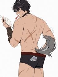 Rule 34 | 1boy, ass, bandaged hand, bandaged neck, bandages, bara, black hair, black male underwear, dog boy, dog tail, genshin impact, grey hair, hand under clothes, highres, holding, male focus, male underwear, multicolored hair, muscular, muscular male, paper, scar, scar on arm, scar on back, scar on leg, short hair, solo, tail, toothbrush, toothbrush in mouth, two-tone hair, underwear, wriothesley (genshin impact), yoma 0 0