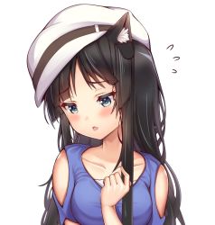 Rule 34 | 1girl, akiyama mio, animal ears, bare shoulders, black hair, blush, breasts, cat ears, collarbone, commentary, fang, hat, k-on!, kaptivate, large breasts, long hair, looking down, open mouth, simple background, solo, white background, white hat