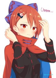 Rule 34 | 1girl, artist name, black shirt, blue bow, blush, bow, breasts, cape, commentary request, flower, hair between eyes, hair bow, hair flower, hair ornament, hairclip, hands up, high collar, long sleeves, nnyara, pink flower, red cape, red eyes, red hair, sekibanki, shirt, short hair, simple background, small breasts, solo, touhou, twitter username, upper body, white background
