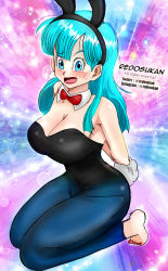 Rule 34 | 1girl, abstract background, animal ears, aqua hair, arms behind back, artist name, asymmetrical bangs, barefoot, bdsm, black leotard, blue background, blue eyes, blue pants, blush, bondage, bound, bow, bowtie, breasts, bulma, cleavage, detached collar, dragon ball, dragon ball (classic), eyebrows hidden by hair, facing viewer, fake animal ears, feet, full body, highres, large breasts, leotard, lips, lipstick, long hair, looking at viewer, makeup, multicolored background, nail polish, neck, nervous, open mouth, pants, playboy bunny, purple background, rabbit ears, rabbit tail, red bow, red bowtie, red lips, red nails, redosukan, seiza, shiny skin, sitting, solo, straight hair, strapless, strapless leotard, sweatdrop, tail, toenail polish, toenails