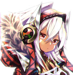 Rule 34 | 1girl, absurdres, azur lane, bad id, bad pixiv id, bodypaint, breasts, closed mouth, dark-skinned female, dark skin, facepaint, facial mark, hair between eyes, highres, long hair, looking at viewer, minneapolis (azur lane), native american, ponytail, poppypilf, red eyes, simple background, solo, white background, white hair