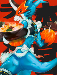 Rule 34 | apron, blue skin, collar, colored skin, digimon, digimon (creature), fake horns, fang, fang out, fangs, fladramon, food, helmet, highres, holding, holding food, horned helmet, horns, looking at viewer, maid, maid apron, maid, red background, red eyes, smile, thighhighs, white apron