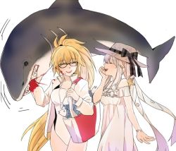 Rule 34 | 2girls, bag, biting, blonde hair, blood, blood on face, competition swimsuit, dress, fate/grand order, fate (series), fish, glasses, hat, jeanne d&#039;arc (fate), jeanne d&#039;arc (ruler) (fate), jeanne d&#039;arc (swimsuit archer) (fate), jeanne d&#039;arc (swimsuit archer) (second ascension) (fate), marie antoinette (fate), marie antoinette (fate/grand order), marie antoinette (swimsuit caster) (fate), marie antoinette (swimsuit caster) (second ascension) (fate), multiple girls, one-piece swimsuit, ponytail, shark, sun hat, sundress, swimsuit, tsengyun, twintails, white background, white hair
