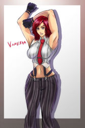 Rule 34 | 1girl, arms up, black gloves, border, breasts, collared shirt, gloves, lipstick, makeup, mature female, medium breasts, necktie, pants, penzoom, red eyes, red hair, red necktie, shirt, short hair, sleeveless, sleeveless shirt, snk, solo, suspenders, the king of fighters, vanessa (kof), white shirt