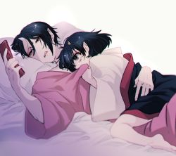 Rule 34 | 1boy, 1girl, absurdres, black hair, cellphone, eyeshadow, flip phone, highres, hoicyo, hoozuki (hoozuki no reitetsu), hoozuki no reitetsu, horns, japanese clothes, looking at another, looking at phone, makeup, mole, mole under eye, on bed, oni horns, peach maki, phone, short hair, white background