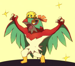 Rule 34 | arms up, black sclera, blank eyes, blue eyes, claw pose, claws, colored sclera, creatures (company), full body, furry, game freak, gen 5 pokemon, gen 6 pokemon, hawlucha, joltik, nintendo, on head, open mouth, pokemon, pokemon (creature), pokemon on head, shiwo (siwosi), simple background, standing, wings, yellow background, yellow eyes