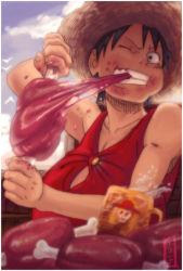 Rule 34 | 1boy, cup, eating, food, hat, male focus, masashi kishimoto, meat, monkey d. luffy, mug, one piece, red vest, solo, straw hat, vest