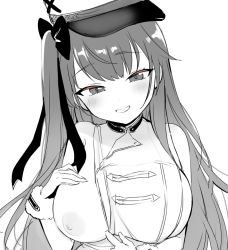 Rule 34 | 1girl, azur lane, blush, breasts, coat, detached sleeves, emirio (emirio110), fur trim, greyscale, hair ribbon, hat, highres, large breasts, long hair, looking at viewer, monochrome, nipples, one breast out, one eye closed, pamiat merkuria (azur lane), ribbon, simple background, sleeveless, sleeveless coat, solo, upper body