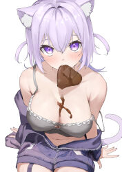 Rule 34 | 1girl, animal ears, black jacket, blush, breasts, candy, cat ears, cat girl, cat tail, chocolate, chocolate heart, chocolate on body, chocolate on breasts, cleavage, commentary, cowboy shot, crop top, double-parted bangs, food, food on body, grey tank top, hair between eyes, heart, highres, hololive, jacket, looking at viewer, medium breasts, medium hair, mitsuru (pixiv 34028718), mouth hold, navel, nekomata okayu, nekomata okayu (membership), official alternate costume, official alternate hairstyle, open clothes, open jacket, purple eyes, purple hair, simple background, single bare shoulder, sitting, solo, strap slip, symbol-only commentary, tail, tank top, two side up, unzipped, virtual youtuber, white background