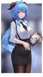 Rule 34 | 1girl, ahoge, alternate costume, blue hair, breasts, brown eyes, clipboard, closed mouth, ganyu (genshin impact), genshin impact, highres, horns, leviathan (hikinito0902), long hair, looking at viewer, necktie, office lady, pantyhose, skirt, solo, suspender skirt, suspenders