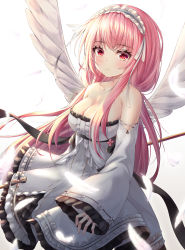 Rule 34 | 1girl, absurdres, azur lane, bare shoulders, breasts, cleavage, closed mouth, collarbone, detached sleeves, dress, feathered wings, feathers, frilled dress, frills, headdress, highres, ichizon, long hair, long sleeves, looking at viewer, medium breasts, perseus (azur lane), pink hair, red eyes, simple background, solo, strapless, strapless dress, white background, white dress, wings