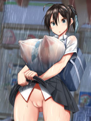 Rule 34 | 1girl, ahoge, ass, backpack, bag, black hair, blue eyes, bottomless, breasts, cleft of venus, covered erect nipples, earrings, from below, hair ornament, hair ribbon, hairclip, highres, huge breasts, jewelry, kawahagi-tei, kawahagitei, lactation, lactation through clothes, large areolae, medium hair, miniskirt, necktie, neckwear between breasts, nipples, no bra, no panties, open mouth, original, outdoors, pleated skirt, pussy, rain, ribbon, see-through, shirt, skirt, solo, standing, thick thighs, thighs, wet