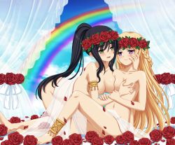Rule 34 | 2girls, anklet, arched back, barefoot, black hair, blonde hair, blush, braid, grabbing another&#039;s breast, breast press, breasts, curtains, day, eyebrows, flower, grabbing, green eyes, hand on another&#039;s face, head wreath, jewelry, long hair, looking at another, medium breasts, multiple girls, nude, original, ponytail, purple eyes, rainbow, rose, see-through, sitting, sky, smile, tonee, yuri