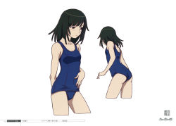 Rule 34 | 1girl, anime coloring, bakemonogatari, blue one-piece swimsuit, character sheet, cowboy shot, highres, monogatari (series), multiple views, official art, one-piece swimsuit, production art, scan, sengoku nadeko, simple background, swimsuit, white background, zip available