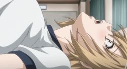 Rule 34 | 1girl, animated, animated gif, blonde hair, blouse, blush, bouncing breasts, breasts, brown eyes, clothed sex, female focus, ichinose riko, implied sex, large breasts, open mouth, ran sem, screencap, shirt, solo, sportswear, white shirt
