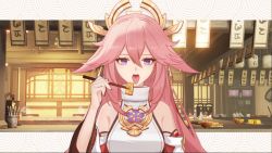 Rule 34 | 1girl, animal ears, bare shoulders, chinese commentary, chopsticks, commentary request, detached sleeves, food, fox ears, genshin impact, hair between eyes, highres, holding, holding chopsticks, letterboxed, long hair, long sleeves, looking at viewer, nontraditional miko, open mouth, outside border, pink hair, purple eyes, shirt, sleeveless, sleeveless shirt, solo, tofu, tongue, tongue out, upper body, very long hair, white shirt, yae miko, yizhibao