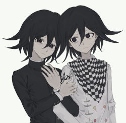 Rule 34 | 2boys, arm hug, bad id, bad twitter id, black eyes, black hair, black jacket, black scarf, blush, checkered background, checkered clothes, checkered scarf, closed mouth, danganronpa (series), danganronpa v3: killing harmony, dual persona, flipped hair, frown, hair between eyes, hhaharaa (23454s), highres, jacket, long sleeves, looking at another, looking at viewer, male focus, multiple boys, oma kokichi, scarf, short hair, sideways glance, straitjacket, sweatdrop, upper body, white scarf