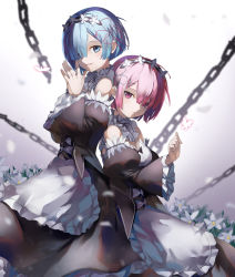 Rule 34 | 10s, 2girls, absurdres, apron, blue eyes, blue hair, blush, bug, butterfly, chain, detached sleeves, eredhen, highres, insect, maid, maid apron, md5 mismatch, multiple girls, own hands together, pink eyes, pink hair, ram (re:zero), re:zero kara hajimeru isekai seikatsu, rem (re:zero), short hair, siblings, sisters, smile, twins
