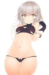 Rule 34 | 1girl, arm wrap, bad id, bad pixiv id, bandages, black panties, blue eyes, cleavage cutout, clothing cutout, cowboy shot, fate/apocrypha, fate (series), gloves, green eyes, jack the ripper (fate/apocrypha), leaning back, looking at viewer, lowleg, lowleg panties, moruchi (rinaka moruchi), navel, panties, scar, scar on face, short hair, sidelocks, simple background, smile, solo, standing, thigh gap, thighhighs, underwear, white background, white hair