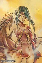 Rule 34 | 1girl, black hair, breasts, cape, commentary request, dress, eyepatch, gloves, kanon (wild arms 2), link (aa30), long hair, microdress, short dress, sidelocks, sleeveless, sleeveless dress, solo, wild arms, wild arms 2