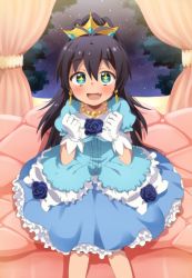 Rule 34 | 1girl, antenna hair, aqua eyes, bad id, bad pixiv id, black hair, bow, bowtie, center frills, dress, earrings, fang, flower, frills, ganaha hibiki, gloves, hiiringu, idolmaster, idolmaster (classic), jewelry, long hair, looking at viewer, necklace, open mouth, ponytail, rose, sitting, sky, solo, star-shaped pupils, star (sky), star (symbol), starry sky, symbol-shaped pupils, tiara, white bow, white bowtie