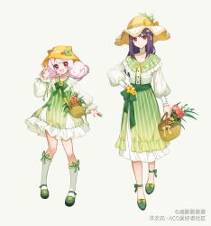 Rule 34 | 2girls, :d, absurdres, animal hat, ankle bow, ankle ribbon, anklet, bag, basket, bcy, belt, black hair, bow, bowtie, brown bag, bucket hat, cat hat, choker, collar, collarbone, dress, dress bow, fang, floral print, flower, footwear bow, footwear flower, frilled choker, frilled collar, frilled dress, frilled socks, frills, full body, green background, green belt, green bow, green bowtie, green dress, green flower, green footwear, green ribbon, green skirt, hand on own hip, hand up, hat, hat bow, hat flower, hat leaf, highres, holding, holding basket, jewelry, jiuying, kneehighs, layered skirt, leg ribbon, long hair, long skirt, long sleeves, looking at viewer, low twintails, mary janes, miao jiujiu, multiple girls, neck ribbon, open mouth, puffy long sleeves, puffy sleeves, red eyes, red flower, ribbon, ribbon-trimmed socks, ruan miemie, see-through, see-through sleeves, shirt, shoes, short eyebrows, shoulder bag, side slit, skin fang, skirt, smile, socks, standing, striped clothes, striped skirt, sun hat, twintails, v-neck, vertical-striped clothes, vertical-striped skirt, w, white choker, white hair, white shirt, white socks, yellow bow, yellow flower, yellow headwear, yellow ribbon