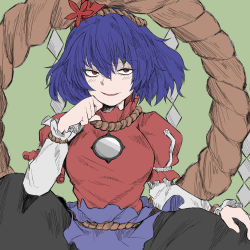 Rule 34 | 1girl, black skirt, blue hair, fe (tetsu), green background, hair ornament, hand on lap, layered sleeves, leaf hair ornament, long sleeves, looking at viewer, mirror, open mouth, red eyes, red shirt, rope, shide, shimenawa, shirt, short hair, short over long sleeves, short sleeves, simple background, skirt, smile, solo, touhou, upper body, yasaka kanako