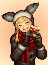 Rule 34 | 1girl, :d, ^ ^, animal hat, blonde hair, blush, braid, brown coat, brown gloves, closed eyes, coat, fur trim, gift, gift bag, gloves, gradient background, happy, hat, head tilt, heart, highres, holding, holding gift, hotateyuki, long hair, nose blush, open mouth, original, plaid, plaid scarf, red ribbon, red scarf, ribbon, scarf, smile, solo, twin braids, upper body, valentine