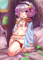 Rule 34 | 1girl, arm support, bed, blush, bra, choker, flat chest, frilled bra, frilled choker, frilled panties, frills, hair ornament, hairband, hand on own chest, heart, heart hair ornament, highres, hihiyama yokikana, indoors, jewelry, knees, komeiji satori, looking at viewer, mirror, navel, necklace, on bed, one eye closed, open clothes, open mouth, open shirt, panties, pillow, purple eyes, purple hair, red ribbon, ribbon, see-through, shirt, sketch, solo, third eye, touhou, underwear