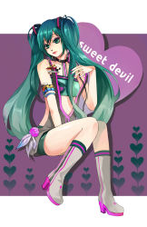 Rule 34 | 1girl, armlet, bad id, bad pixiv id, boots, bow, choker, eyeshadow, green eyes, green hair, hair bow, hair ornament, hatsune miku, heart, high heels, highres, jewelry, jeya, lipstick, long hair, makeup, matching hair/eyes, nail polish, pink nails, shoes, sitting, solo, sweet devil (vocaloid), twintails, very long hair, vocaloid
