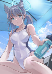 Rule 34 | 1girl, animal ears, beach umbrella, blue archive, blue eyes, bottle, breasts, cloud, commentary request, competition swimsuit, covered navel, cross hair ornament, extra ears, grey hair, hair ornament, halo, highres, holding, holding bottle, long hair, low ponytail, medium breasts, mismatched pupils, nikulas cage, one-piece swimsuit, shiroko (blue archive), shiroko (swimsuit) (blue archive), shochuumimai, sky, solo, swimsuit, umbrella, white one-piece swimsuit, wolf ears