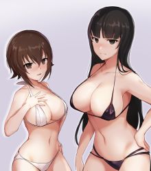 Rule 34 | 10s, 2girls, akamoku, arm at side, armpits, bad id, bad pixiv id, bare arms, bare shoulders, bikini, black bikini, black eyes, black hair, blunt bangs, blush, breasts, brown eyes, brown hair, cleavage, collarbone, commentary request, covered erect nipples, girls und panzer, grey background, hair between eyes, halterneck, hand on own hip, height difference, large breasts, long hair, mature female, micro bikini, midriff, mother and daughter, multiple girls, navel, nishizumi maho, nishizumi shiho, serious, sideboob, simple background, stomach, swimsuit, white bikini